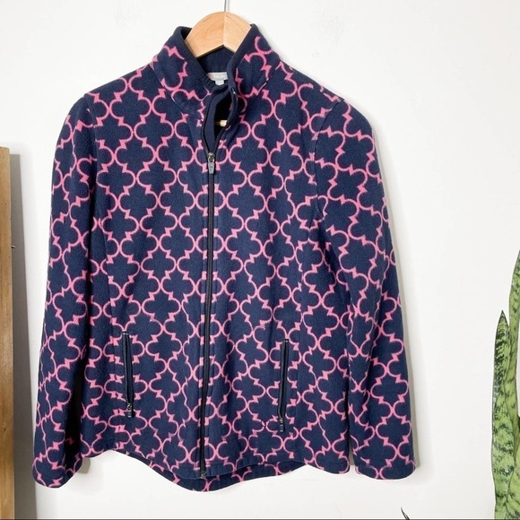 Talbots Trellis Print Full Zip Fleece Jacket/Coat in Navy/Pink Size M Medium - Picture 3 of 6